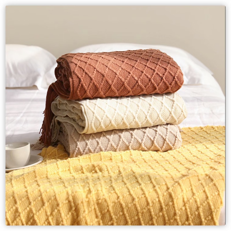 Boho Throw Blanket Fringe - 텍스타일 시티 다이아몬드 니트 소재의 술